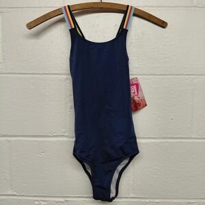 Kanu Surf Girls Athletic One Piece Swimsuit Navy Blue Rainbow Straps Sz 10 Youth